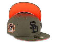 Load image into Gallery viewer, San Diego Padres New Era MLB 59FIFTY 5950 Fitted Cap Hat Olive Crown/Visor Black Logo Stadium Side Patch Neon Orange UV
