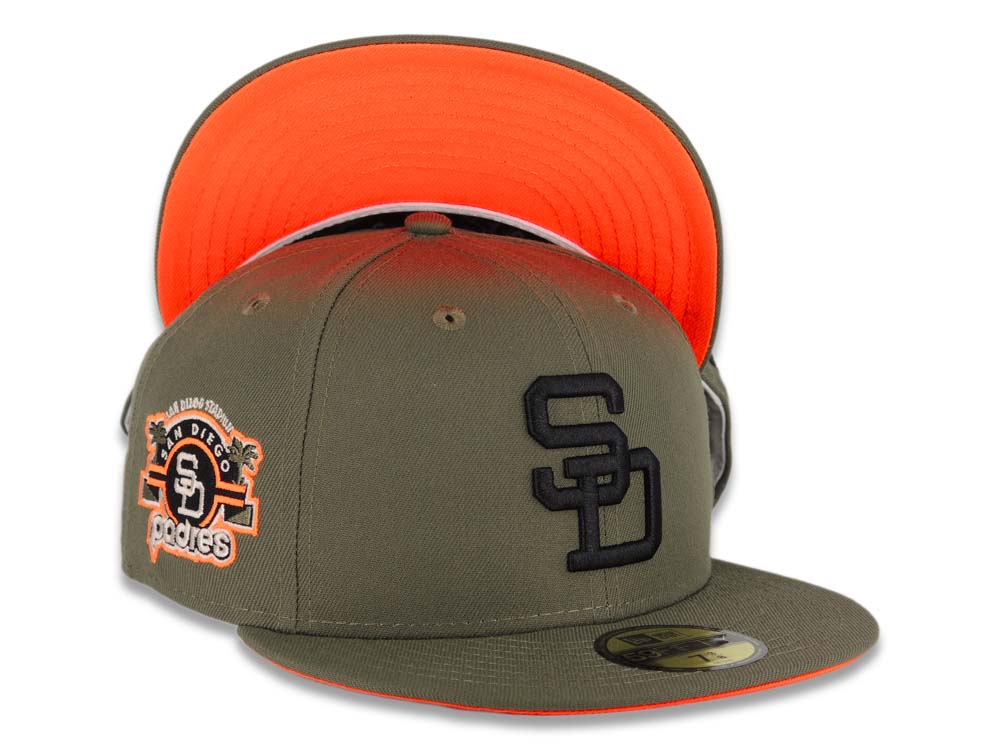 San Diego Padres New Era MLB 59FIFTY 5950 Fitted Cap Hat Olive Crown/Visor Black Logo Stadium Side Patch Neon Orange UV