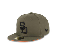 Load image into Gallery viewer, San Diego Padres New Era MLB 59FIFTY 5950 Fitted Cap Hat Olive Crown/Visor Black Logo Stadium Side Patch Neon Orange UV
