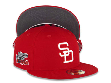 San Diego Padres New Era MLB 59FIFTY 5950 Fitted Cap Hat Red Crown/Visor White Logo 1984 World Series Side Patch Dark Gray UV