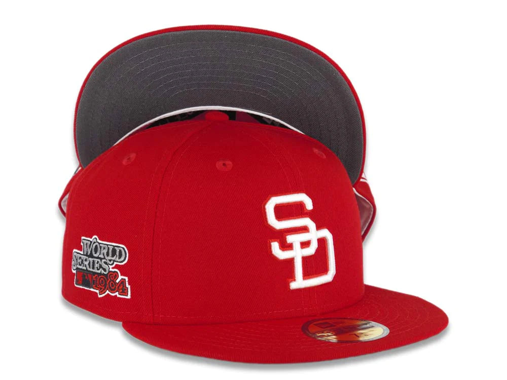 San Diego Padres New Era MLB 59FIFTY 5950 Fitted Cap Hat Red Crown/Visor White Logo 1984 World Series Side Patch Dark Gray UV