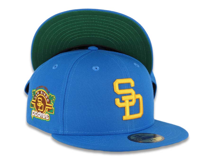 San Diego Padres New Era MLB 59FIFTY 5950 Fitted Cap Hat Cardinal Blue Crown/Visor Yellow Logo Stadium Side Patch Green UV