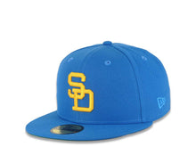 Load image into Gallery viewer, San Diego Padres New Era MLB 59FIFTY 5950 Fitted Cap Hat Cardinal Blue Crown/Visor Yellow Logo Stadium Side Patch Green UV
