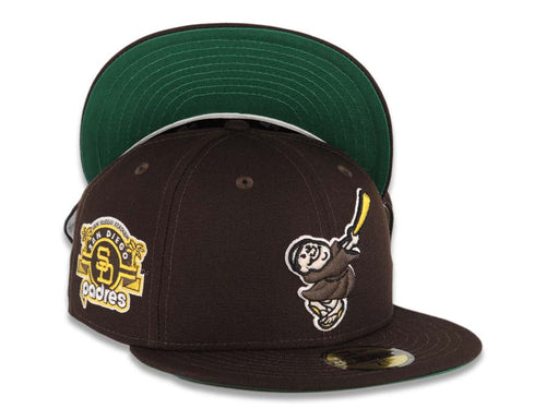 San Diego Padres New Era MLB 59FIFTY 5950 Fitted Cap Hat Dark Brown Crown/Visor Dark Brown/Yellow Swinging Friar Logo Stadium Side Patch Green UV