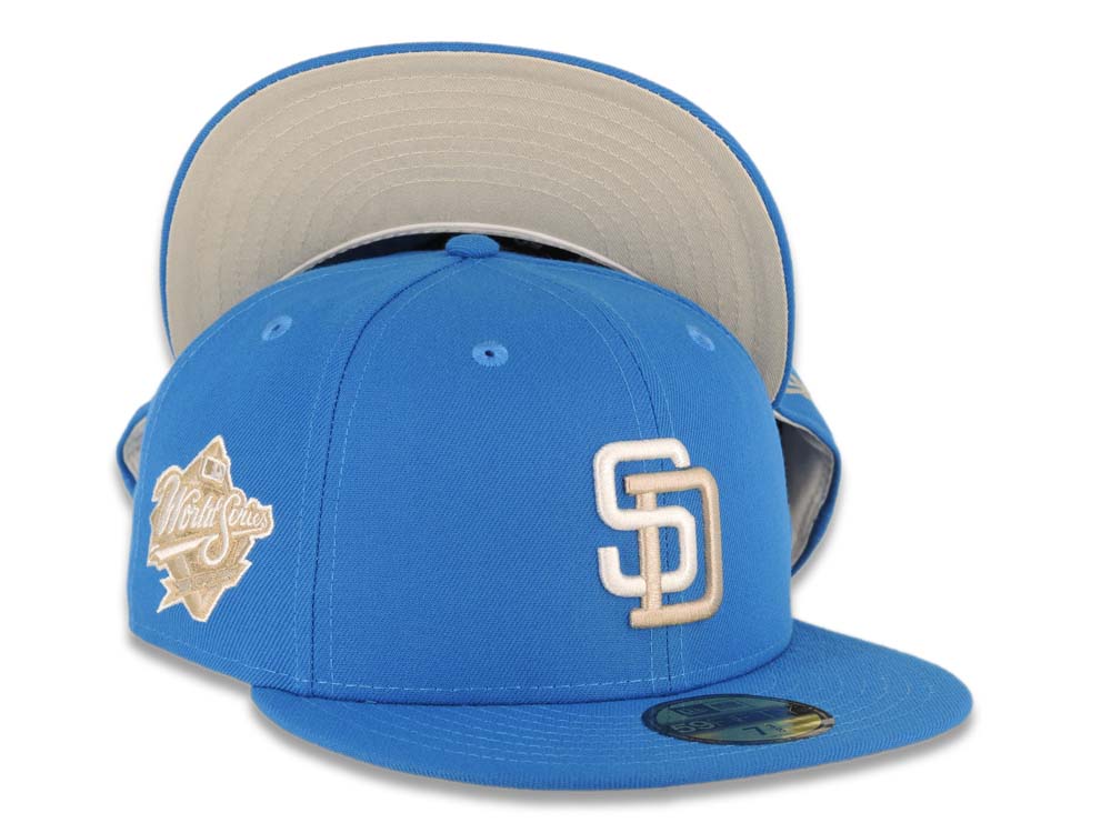 San Diego Padres New Era MLB 59FIFTY 5950 Fitted Cap Hat Cardinal Blue Crown/Visor White/Stone Logo 1998 World Series Side Patch Stone UV