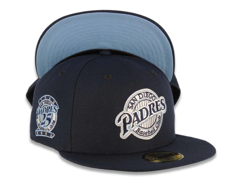 San Diego Padres New Era MLB 59FIFTY 5950 Fitted Cap Hat Navy Blue Crown/Visor Navy Blue/Sky Blue Logo 25th Anniversary Side Patch Sky Blue UV