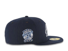 Load image into Gallery viewer, San Diego Padres New Era MLB 59FIFTY 5950 Fitted Cap Hat Navy Blue Crown/Visor Navy Blue/Sky Blue Logo 25th Anniversary Side Patch Sky Blue UV
