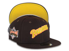 Load image into Gallery viewer, San Diego Padres New Era MLB 59FIFTY 5950 Fitted Cap Hat Dark Brown Crown/Visor Yellow/Orange/White Logo 1989 All-Star Game Side Patch Yellow UV
