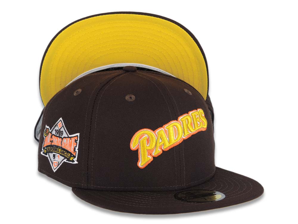 San Diego Padres New Era MLB 59FIFTY 5950 Fitted Cap Hat Dark Brown Crown/Visor Yellow/Orange/White Logo 1989 All-Star Game Side Patch Yellow UV