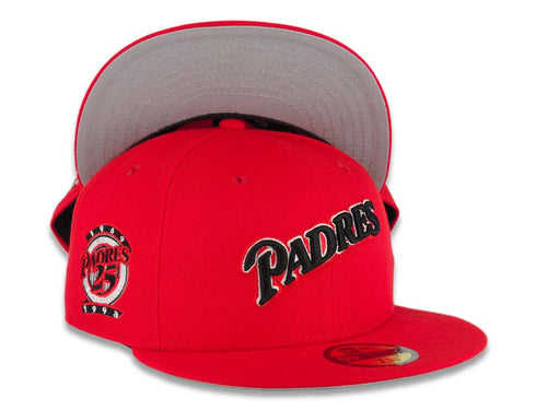 San Diego Padres New Era MLB 59FIFTY 5950 Fitted Cap Hat Red Crown/Visor Black/White Logo 25th Anniversary Side Patch Gray UV