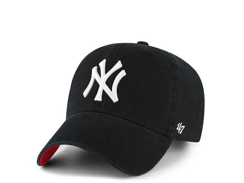 New York Yankees '47 MLB Clean Up Adjustable Cap Hat Black Crown/Visor White Logo Red UV
