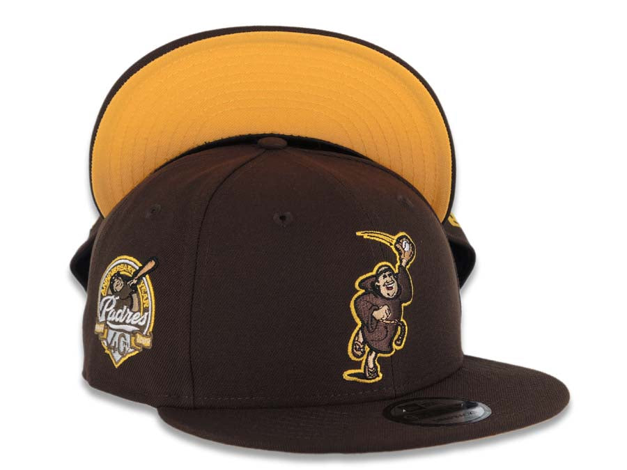 San Diego Padres New Era MLB 9FIFTY 950 Snapback Cap Hat Dark Brown Crown/Visor Dark Brown/Light Brown Catching Friar Logo 40th Anniversary Side Patch