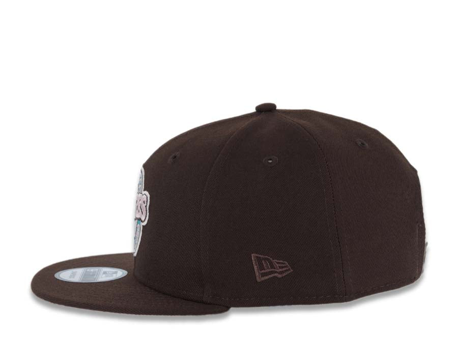 San Diego Padres New Era MLB 9FIFTY 950 Snapback Cap Hat Dark Brown Crown/Visor Pink/Teal/White Baseball Club Logo 1992 All-Star Game Side Patch