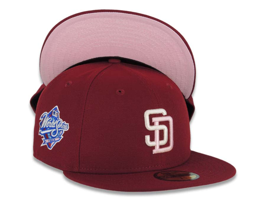 San Diego Padres New Era MLB 59FIFTY 5950 Fitted Cap Hat Cardinal Crown/Visor White Logo 1998 World Series Side Patch Pink UV