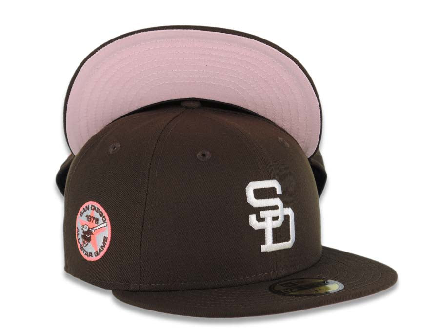 San Diego Padres New Era MLB 59FIFTY 5950 Fitted Cap Hat Brown Crown/Visor White Retro Cooperstown Logo 1978 All-Star Game Side Patch Pink UV