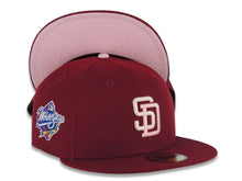 Load image into Gallery viewer, San Diego Padres New Era MLB 59FIFTY 5950 Fitted Cap Hat Cardinal Crown/Visor White/Pink Logo 1998 World Series Side Patch Pink UV
