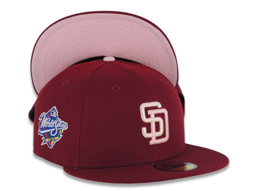 San Diego Padres New Era MLB 59FIFTY 5950 Fitted Cap Hat Cardinal Crown/Visor White/Pink Logo 1998 World Series Side Patch Pink UV