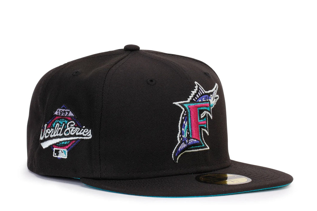 Miami Marlins New Era MLB 59FIFTY 5950 Fitted Cap Hat Black Crown/Visor Pink/Purple Cooperstown Logo 1997 World Series side Patch (Polar Lights) 