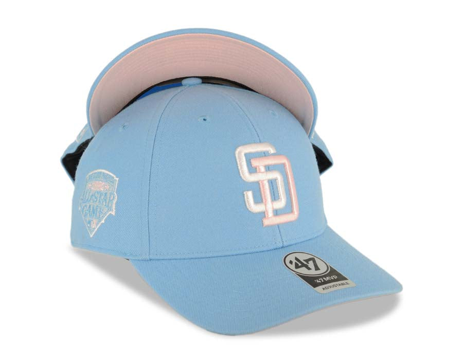 San Diego Padres '47 Brand  MLB MVP Adjustable Cap Hat Sky Blue Crown/Visor White/Pink Logo 1992 All-Star Game Side Patch Pink UV