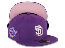 Load image into Gallery viewer, San Diego Padres New Era MLB 59FIFTY 5950 Fitted Cap Hat Purple Crown/Visor White/Pink Logo 1998 World Series Side Patch Pink UV

