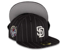 Load image into Gallery viewer, San Diego Padres New Era MLB 59FIFTY 5950 Fitted Cap Hat Black Crown/Visor Pinstripe White Logo 40th Anniversary Side Patch Gray UV
