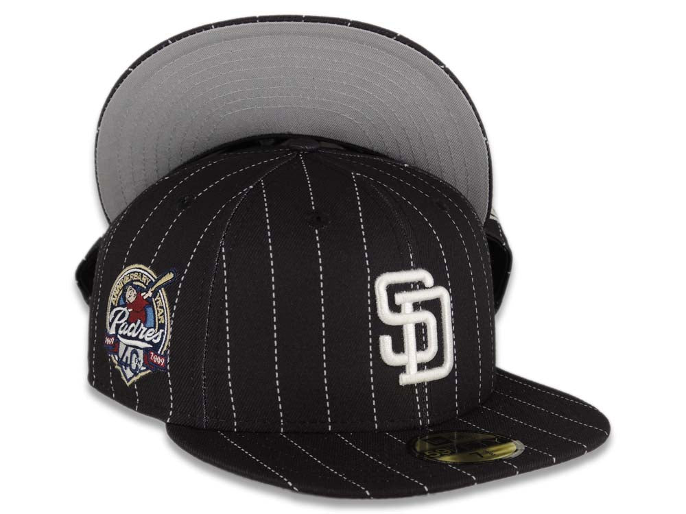 San Diego Padres New Era MLB 59FIFTY 5950 Fitted Cap Hat Black Crown/Visor Pinstripe White Logo 40th Anniversary Side Patch Gray UV