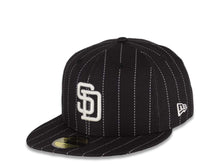 Load image into Gallery viewer, San Diego Padres New Era MLB 59FIFTY 5950 Fitted Cap Hat Black Crown/Visor Pinstripe White Logo 40th Anniversary Side Patch Gray UV

