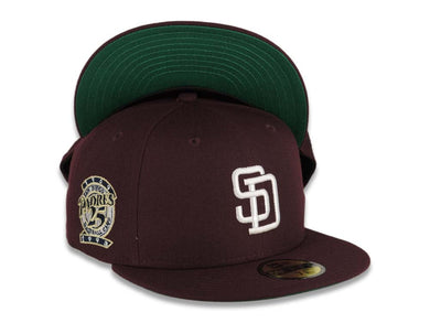 San Diego Padres New Era MLB 59FIFTY 5950 Fitted Cap Hat Maroon Crown/Visor White Logo 25th Anniversary Side Patch Green UV