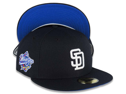 San Diego Padres New Era MLB 59FIFTY 5950 Fitted Cap Hat Navy Blue Crown/Visor White Logo 1998 World Series Side Patch Blue Azure UV