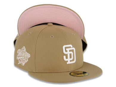 San Diego Padres New Era MLB 59FIFTY 5950 Fitted Cap Hat Khaki Crown/Visor White Logo 1998 World Series Side Patch Pink UV