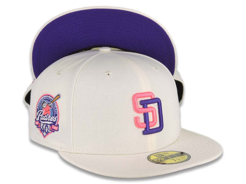 San Diego Padres New Era MLB 59FIFTY 5950 Fitted Cap Hat Cream Crown/Visor Pink Glow/Purple Logo 40th Anniversary Side Patch Purple UV