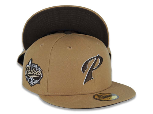 San Diego Padres New Era MLB 59FIFTY 5950 Fitted Cap Hat Wheat Crown/Visor Brown/White P Logo Established 1969 Side Patch Brown UV