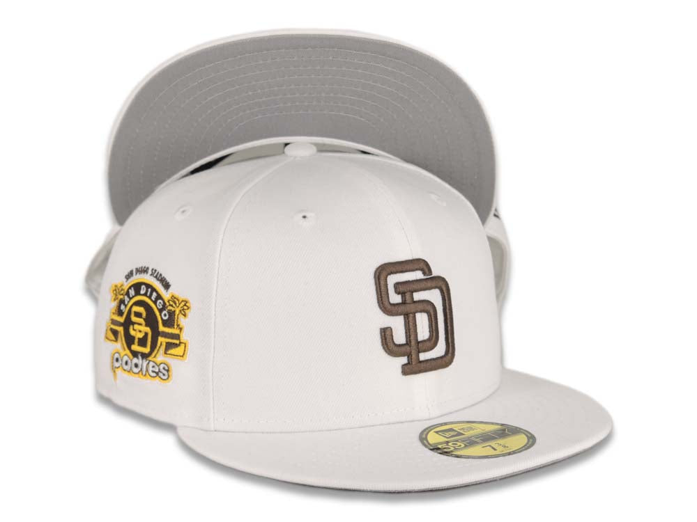 San Diego Padres New Era MLB 59FIFTY 5950 Fitted Cap Hat White Crown/Visor Brown Logo Stadium Side Patch Gray UV