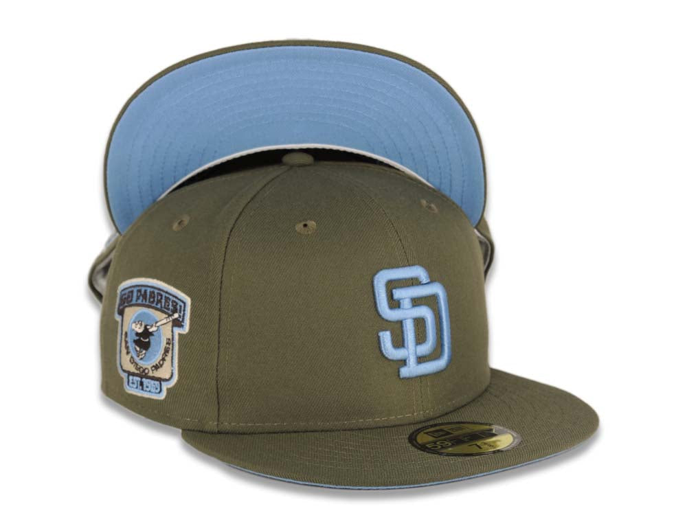 San Diego Padres New Era MLB 59FIFTY 5950 Fitted Cap Hat Olive Green Crown/Visor Sky Blue Logo Go Padres Side Patch Sky Blue UV