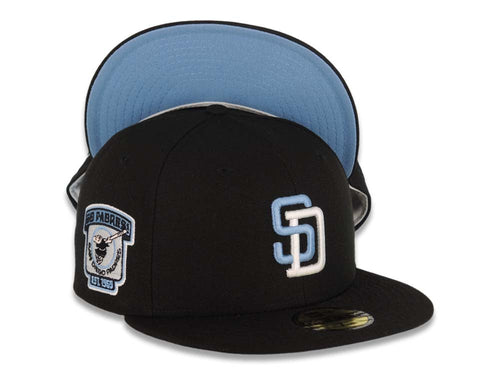 San Diego Padres New Era MLB 59FIFTY 5950 Fitted Cap Hat Black Crown/Visor Sky Blue/White Logo Go Padres Established 1969 Side Patch Sky Blue UV
