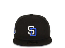 Load image into Gallery viewer, San Diego Padres New Era MLB 59FIFTY 5950 Fitted Cap Hat Black Crown/Visor White/Royal Blue Logo 50th Anniversary Side Patch Royal Blue UV
