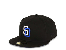 Load image into Gallery viewer, San Diego Padres New Era MLB 59FIFTY 5950 Fitted Cap Hat Black Crown/Visor White/Royal Blue Logo 50th Anniversary Side Patch Royal Blue UV
