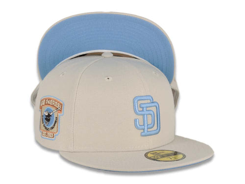 San Diego Padres New Era MLB 59FIFTY 5950 Fitted Cap Hat Stone Crown/Visor Sky Blue Logo 1969 Go Padres Established Side Patch Sky Blue Visor