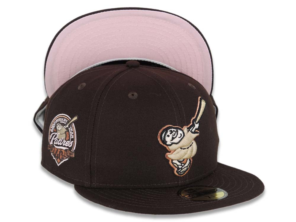 San Diego Padres New Era MLB 59FIFTY 5950 Fitted Cap Hat Dark Brown Crown/Visor Khaki/Metallic Brown Swinging Friar Logo 40th Anniversary Side Patch