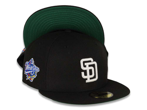 San Diego Padres New Era MLB 59FIFTY 5950 Fitted Cap Hat Black Crown/Visor White Logo 1998 World Series Side Patch Green UV