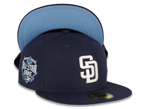 San Diego Padres New Era MLB 59FIFTY 5950 Fitted Cap Hat Light Navy Crown/Visor White Logo 2016 All-Star Game Side Patch Sky Blue UV