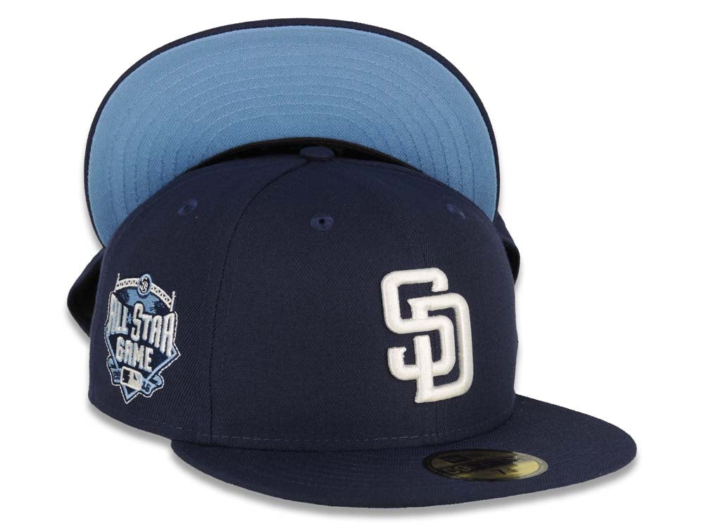 San Diego Padres New Era MLB 59FIFTY 5950 Fitted Cap Hat Light Navy Crown/Visor White Logo 2016 All-Star Game Side Patch Sky Blue UV