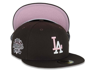 Los Angeles Dodgers New Era MLB 59FIFTY 5950 Fitted Cap Hat Brown Crown/Visor Pink/Cream Logo 100th Anniversary Side Patch Pink UV