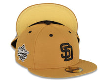 Load image into Gallery viewer, San Diego Padres New Era MLB 59FIFTY 5950 Fitted Cap Hat Tan Crown/Visor Black Logo 1998 World Series Side Patch Yellow UV
