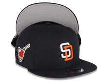 Load image into Gallery viewer, San Diego Padres New Era MLB 9FIFTY 950 Snapback Cap Hat Navy Crown/Visor White/Orange Logo Swinging Friar Side Patch Gray UV
