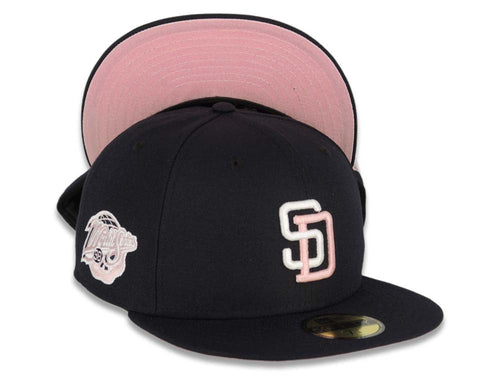 San Diego Padres New Era MLB 59FIFTY 5950 Fitted Cap Hat Dark Navy Crown/Visor White/Pink Logo 1998 World Series Side Patch Pink UV