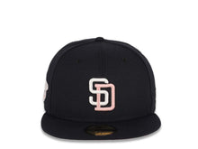 Load image into Gallery viewer, San Diego Padres New Era MLB 59FIFTY 5950 Fitted Cap Hat Dark Navy Crown/Visor White/Pink Logo 1998 World Series Side Patch Pink UV
