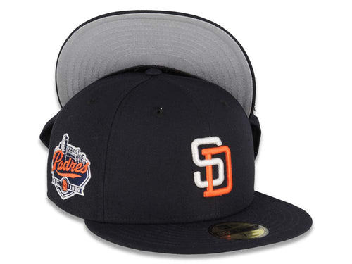 San Diego Padres New Era MLB 59FIFTY 5950 Fitted Cap Hat Navy Blue Crown/Visor White/Orange Logo Established 1969 Side Patch Gray UV