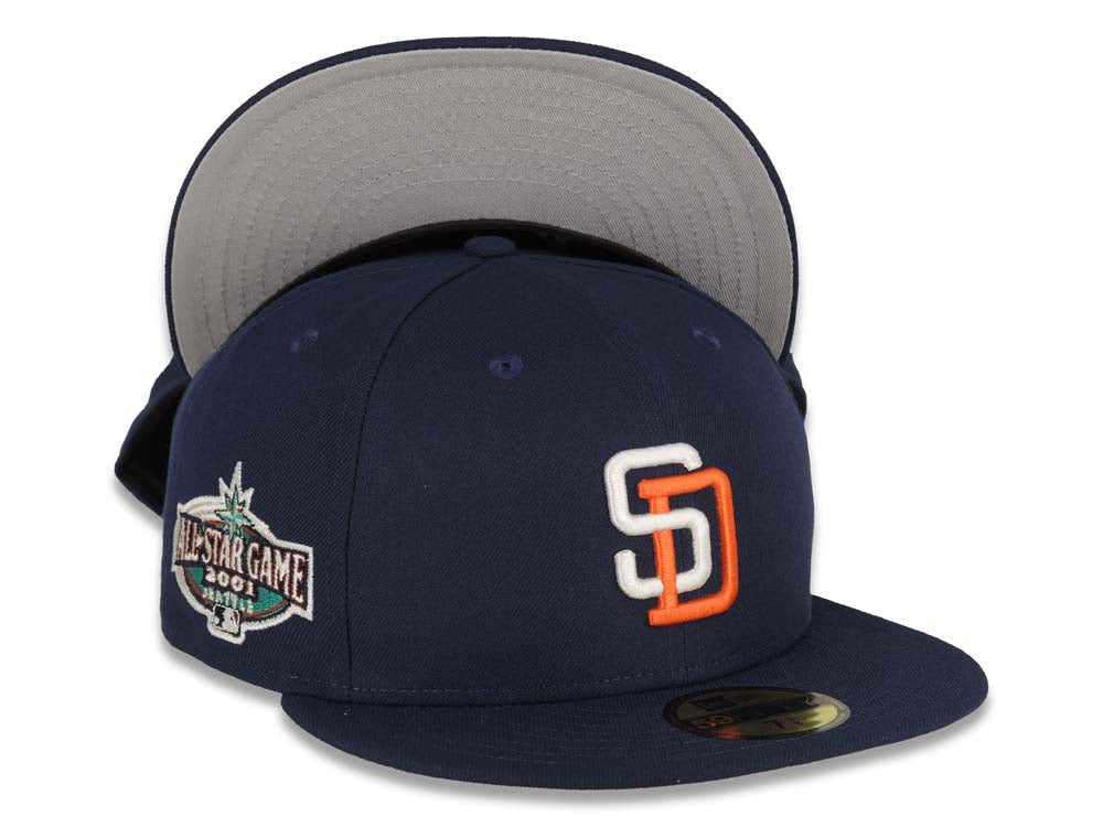 San Diego Padres New Era MLB 59FIFTY 5950 Fitted Cap Hat Light Navy Crown/Visor White/Orange Logo 2001 All-Star Game Side Patch Gray UV