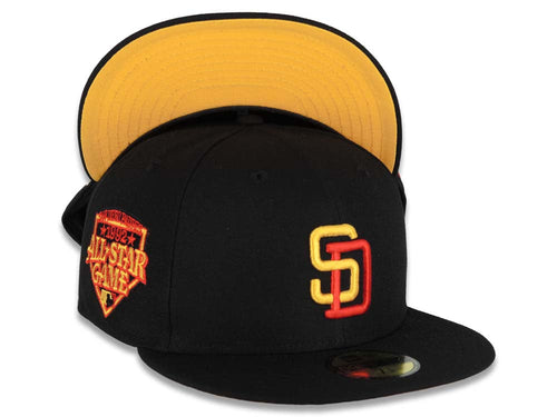 San Diego Padres New Era MLB 59FIFTY 5950 Fitted Cap Hat Black Crown/Visor Yellow/Red Logo 1992 All-Star Game Side Patch Yellow UV